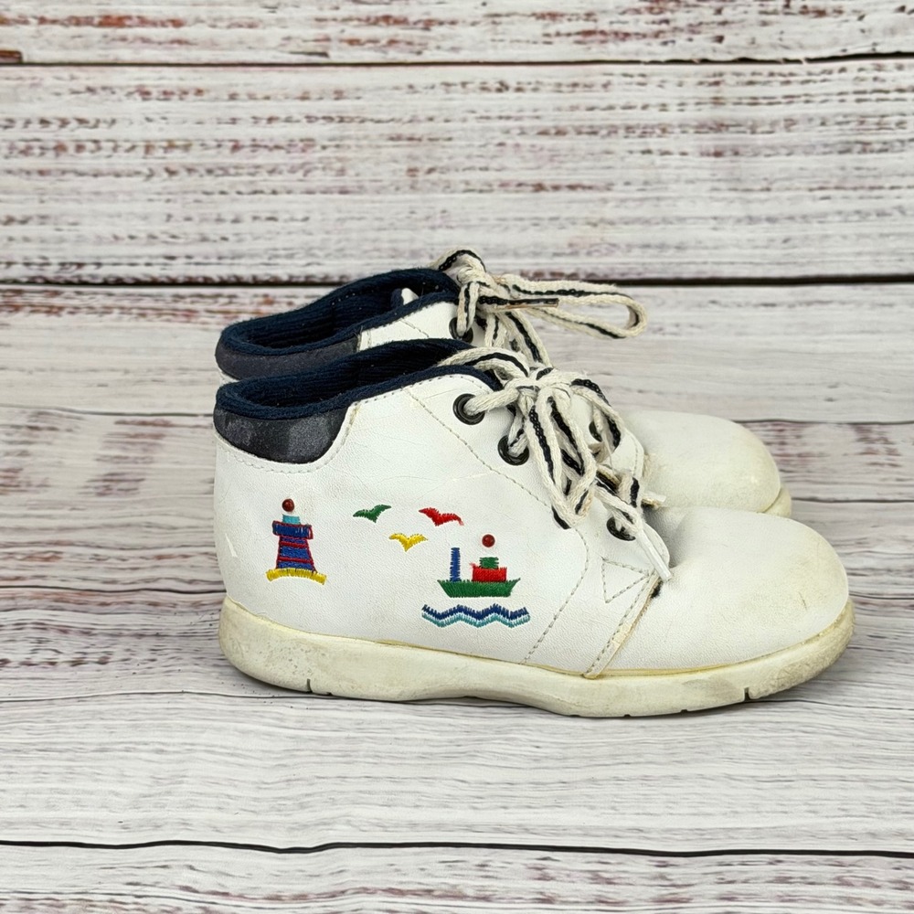 Kids Vintage Nautical Embroidered High Top Sneakers White Lighthouse Boat Shoes